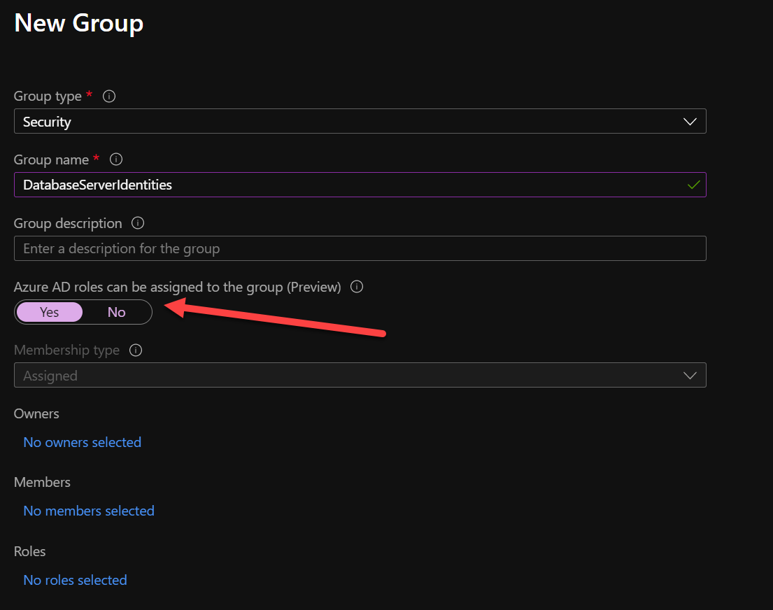 Creating new group assign AAD roles preview option