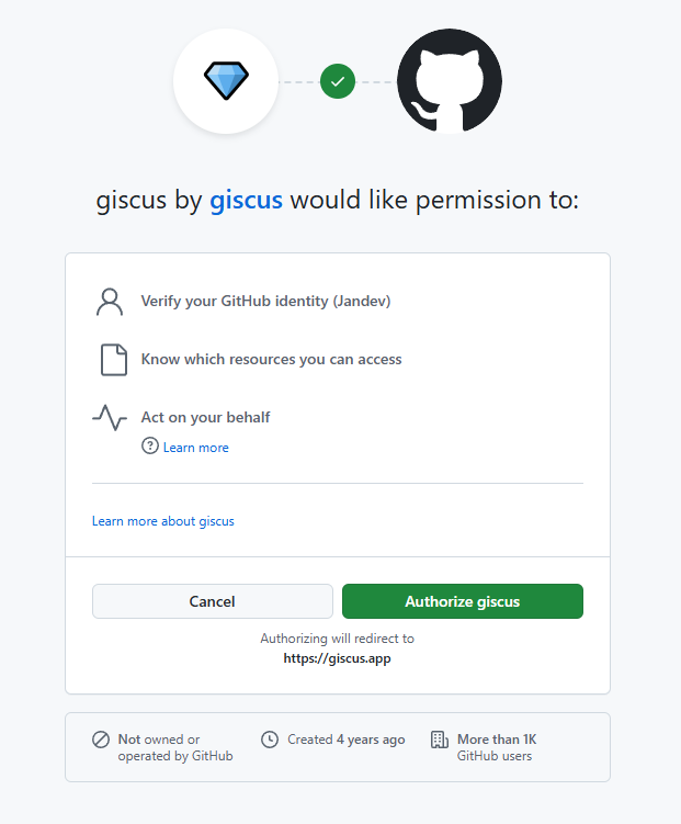 Screenshot from GitHub where you can authorize giscus to &ldquo;Act on your behalf&rdquo;, know which resources you can access and verify your account