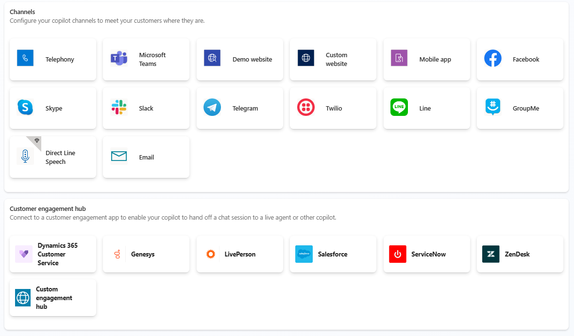 List of channels to publish a Copilot to, like Teams, Custom Websites, Slack, Telephony, Mobile App, Facebook, Telegram, Twilio, Line, GroupMe, Email