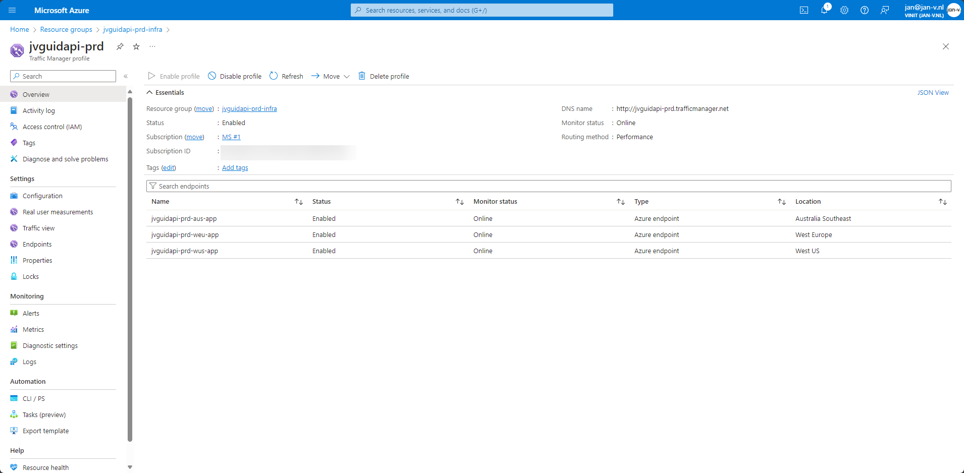 The Azure Traffic Manager overview blade in the Azure Portal showing the setup of my Guid service side-project