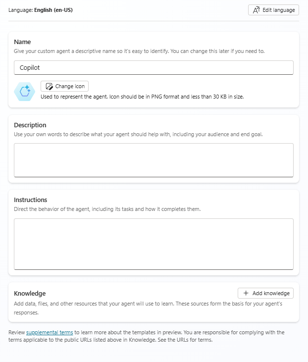 An empty Copilot Studio creation form where you can fill out the Name, Description, Instructions and knowledge source