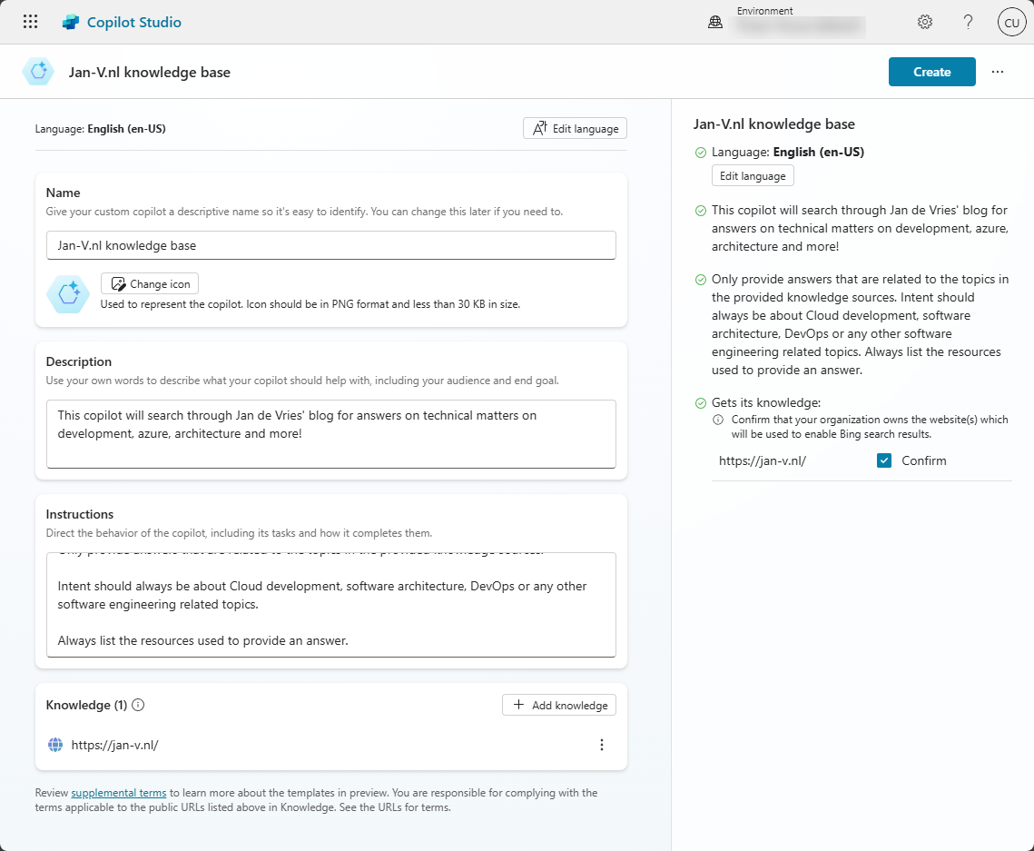 The filled out Copilot Studio creation form with the above mentioned Name, Description, Instructions and website knowledge source.