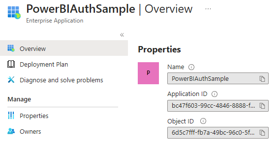 Overview page of the PowerBIAuthSample enterprise application in Entra ID