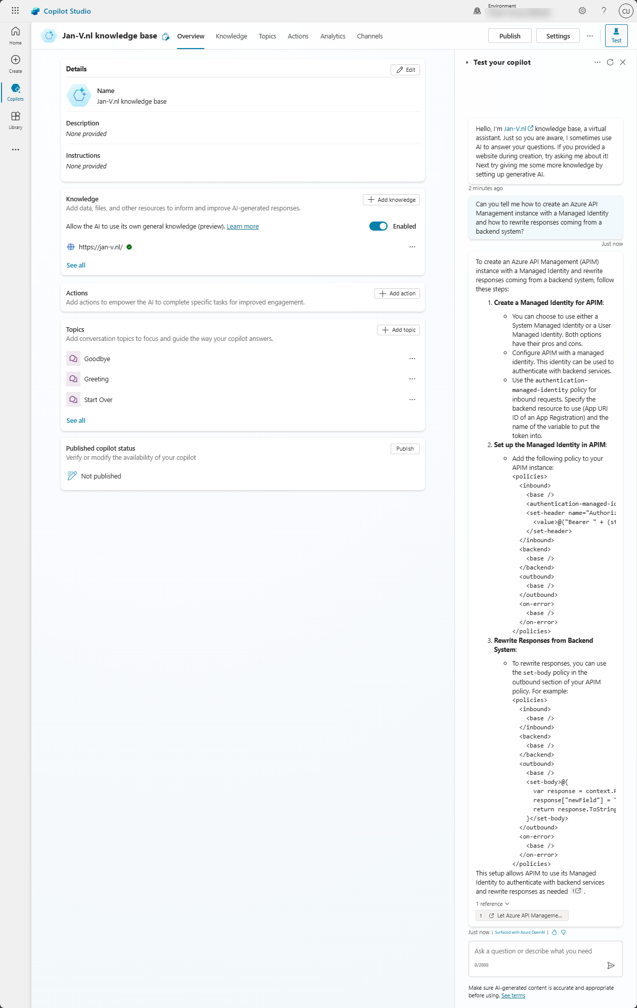 The test experience in Copilot Studio. On the right side of the screenshot a chat interface where the Copilot is greeting us, a question is asked on Azure API Management and how to add a Managed Identity to it and modify responses, where the Copilot responds with a detailed answer, adding policies and providing the source page it got this from.