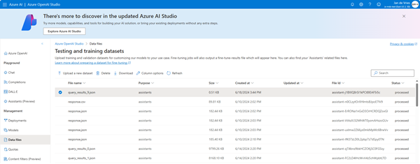 A list of files in the Azure Open AI data files blade
