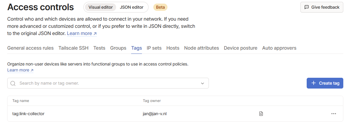 Tags page with one tag called link-collector in the list.