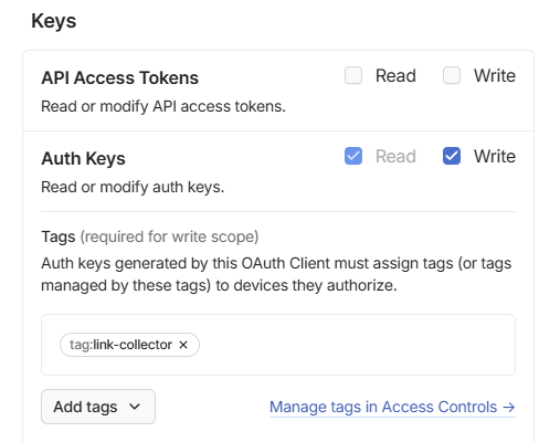 Scopes that can be selected for an OAuth client where the Auth Keys scope has Write selected and the Tags section has the link-collector selected.