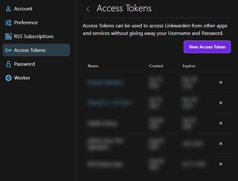 Screenshot of the Settings->Access Tokens page with a couple of token entries blurred out.