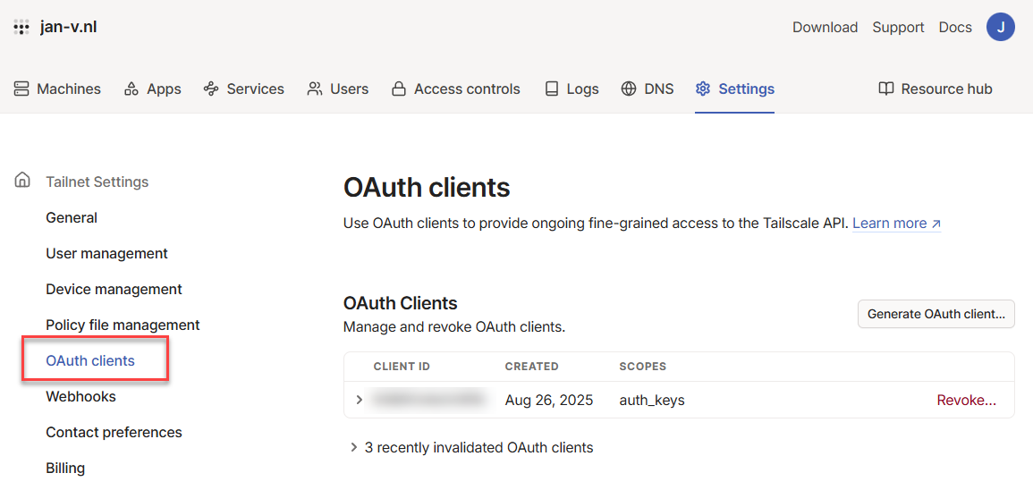 Settings->OAuth clients page with a single OAuth client listed on the page.