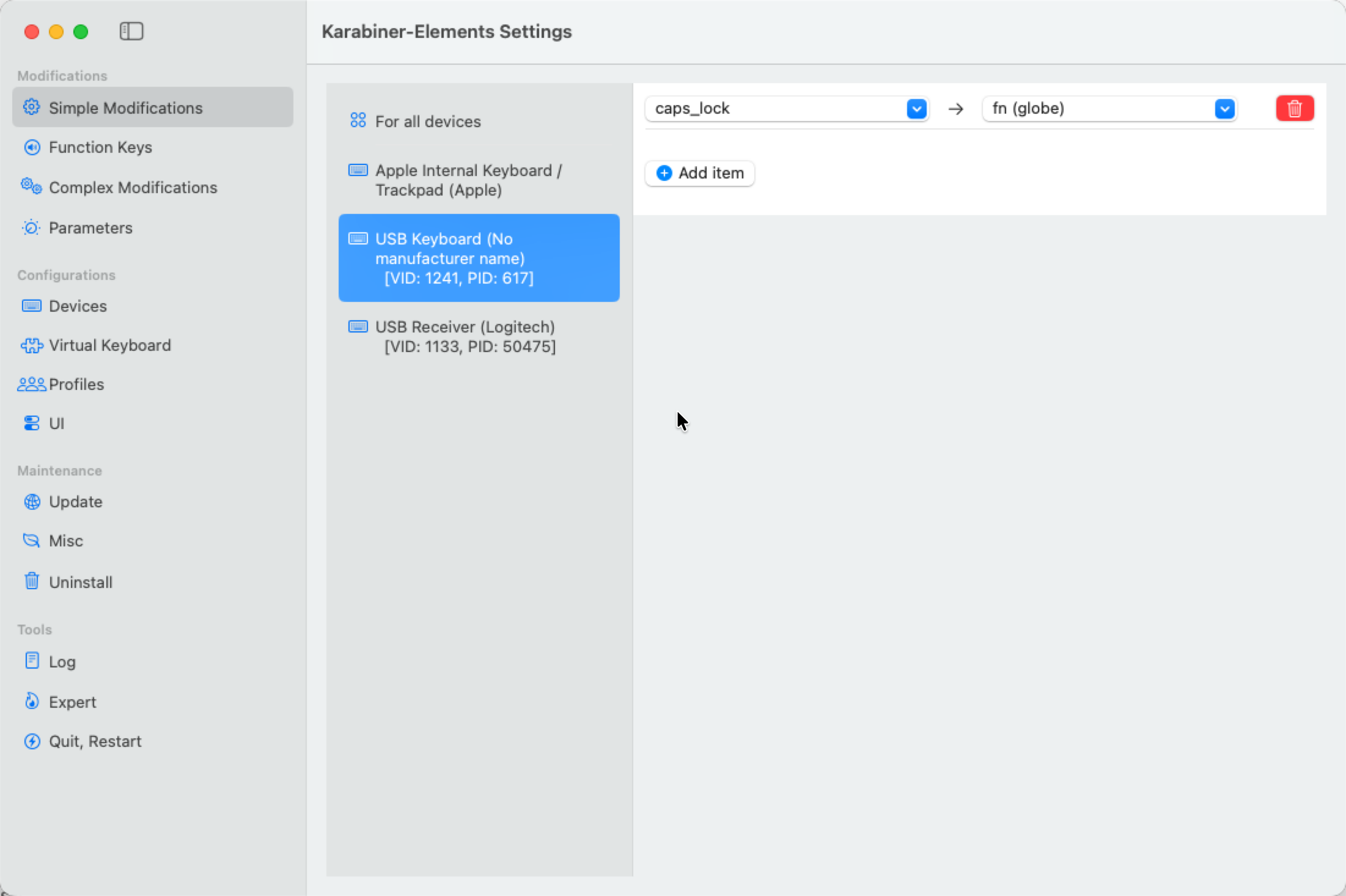 Screenshot from Karabiner Elements where the Caps Lock key is bound to the fn/globe key for a specific keyboard