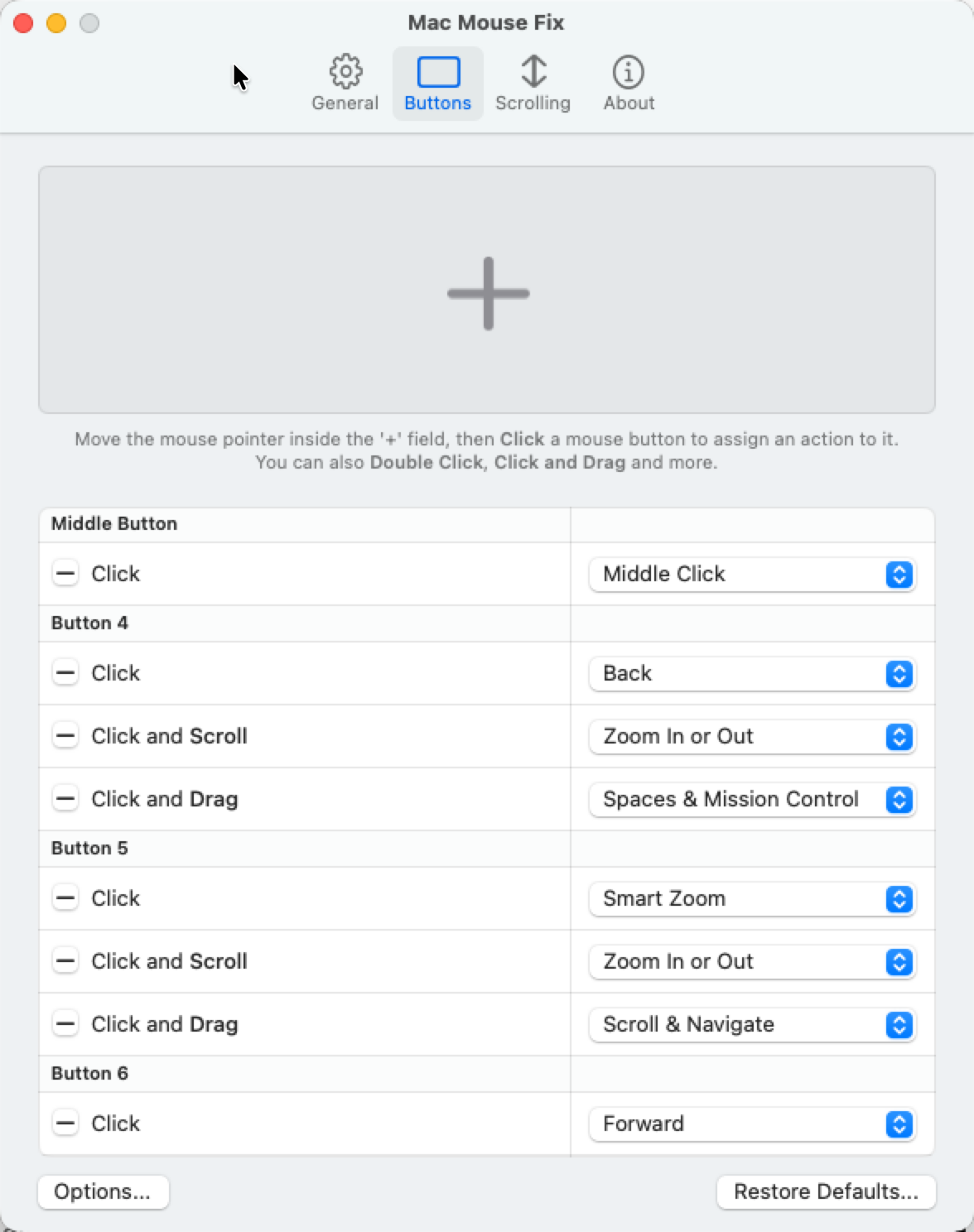 Screenshot of Mac Mouse Fix with buttons configuration