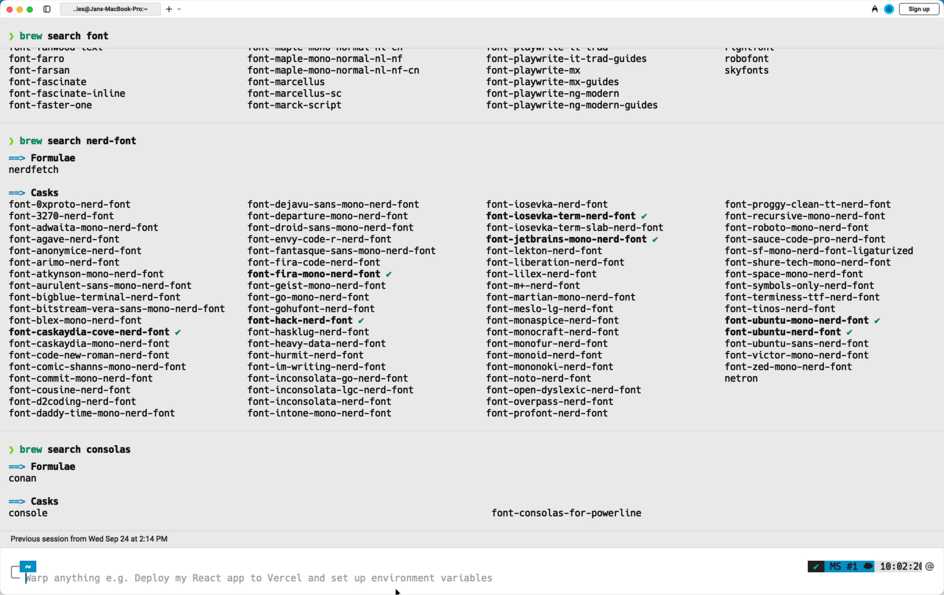 Installed Nerd Fonts shown as a list in Warp