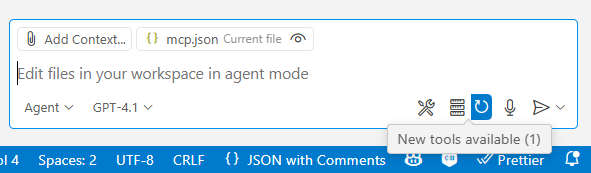 GitHub Copilot chat input with a notification stating a new tool is available to use.