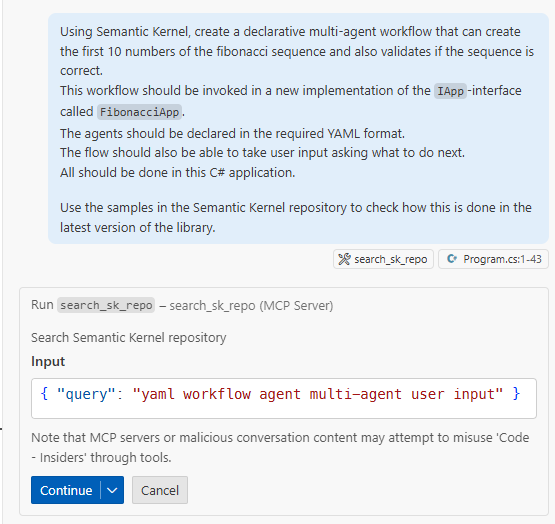 VS Code GitHub Copilot asking if the sk_search_repo tool is allowed to run with certain arguments within the chat window.