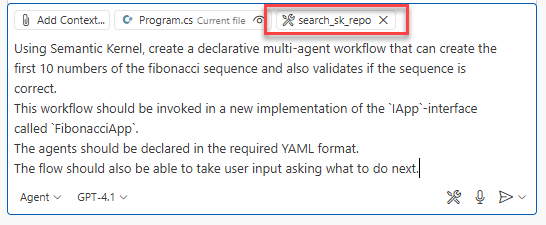 The search_sk_repo tool explicitly added to the prompt context.
