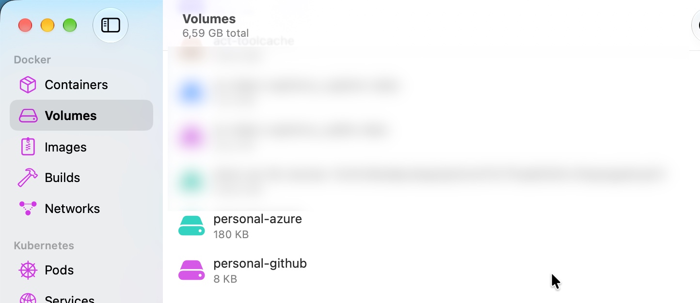 Orbstack UI showing the personal volumes created