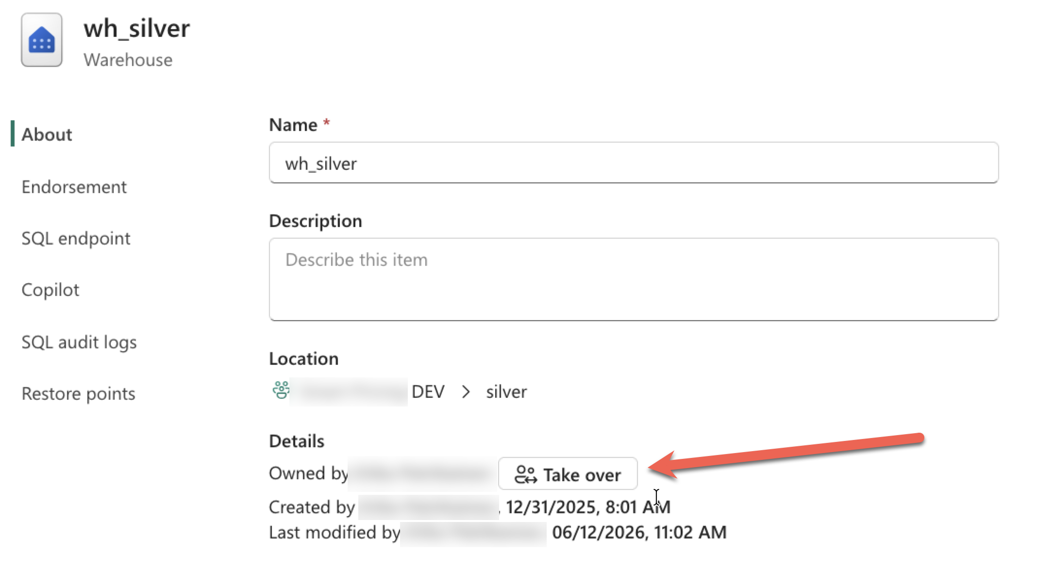 Settings of a resource and the Take Over button highlighted