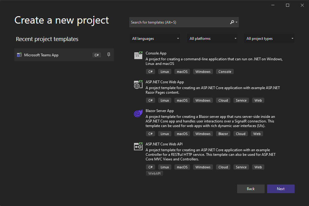 Visual Studio - Create New Teams Project screen