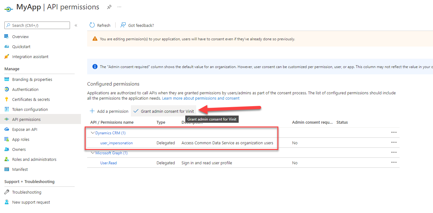Grant user_impersonation scope to Dynamics 365 in AAD App Registration